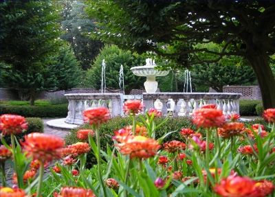 View of the sunken garden fountain in The Elizabethan Gardens in Manteo, NC